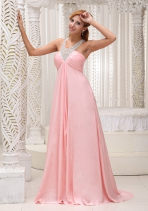 Beaded Decorate Scoop Neckline Ruched Decorate Bust Brush Train Baby Pink Chiffon 2019 Prom Celebrity Dresses For Military Ball