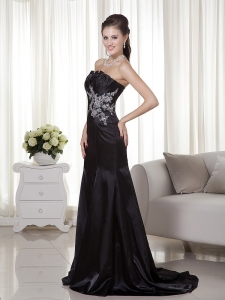 Black Mermaid Strapless Brush Train Satin Appliques Evening Celebrity Dress