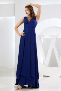 Column / Sheath V-neck Chiffon Royal Blue Ankle-length Bridesmaid Dress