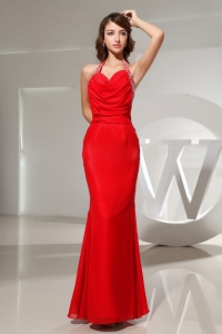 Column Beading Halter Chiffon Floor-length Prom Dress Red