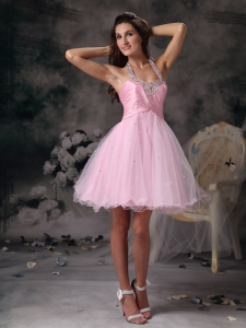 Pink Column Straps Mini-length Organza Beading Cocktail Graduation Dresses