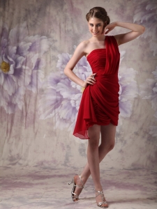 Red Column One Shoulder Mini-length Chiffon Ruch Cocktail Homecoming Dresses