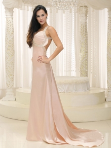 Straps Baby Pink Elastic Woven Satin Ruched Bodice For Prom Evening Dress Custom Made