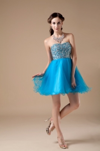 Teal A-line Strapless Mini-length Organza Beading Cocktail Holiday Dresses