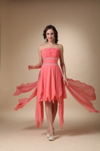 Watermelon Red A-line Strapless Asymmetrical Chiffon Beading Cocktail Graduation Dresses