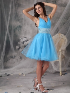 Aqua A-line V-neck Mini-length Organza Beading Cocktail Homecoming Dresses