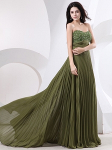 Beaded Decorate Bust and Pleat For Prom Dress With Brush Train and Olive Green
