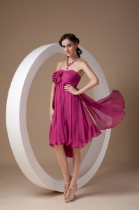 Hot Pink Empire Strapless Mini-length Chiffon Hand Made Flowers Dama Dresses for Quinceanera