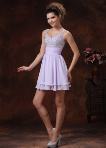 Lilac Straps Beaded Decorate Cocktail Graduation Dresses With Mini-length