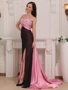 Pink and Black Column Straps Brush Train Elastic Woven Satin Beading Celebrity Evening Dresses
