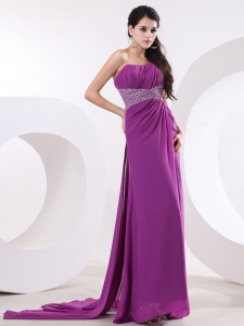 Purple Prom / Evening Dress With One Shoulder Beaded and High Slit Watteau Train