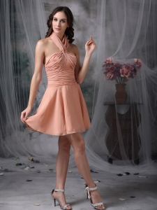 Rust Red A-line Halter Mini-length Chiffon Ruch Dama Dresses for Quinceanera