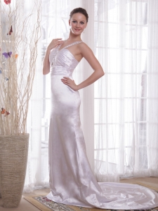 White Column/Sheath V-neck Court Train Elastic Woven Satin Beading and Ruch Evening Pageant Dress
