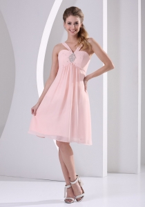 Baby Pink Straps V-neck Empire Knee-length Short Dama Dresses for Quinceanera With Beading Chiffon
