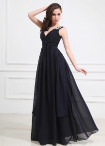 Beaded Decorate Shoulder Chiffon Empire Floor-length V-neck Prom Dress Navy Blue