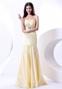 Beading Strapless Floor-length Light Yellow Elastic Woven Satin 2019 Prom Dress
