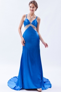 Blue Column / Shearth Straps Brush Train Satin Beading Evening Celebrity Dress