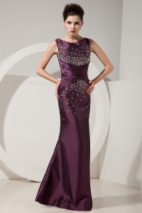 Dark Purple Mermaid Scoop Floor-length Satin Beading Prom Celebrity Dresses