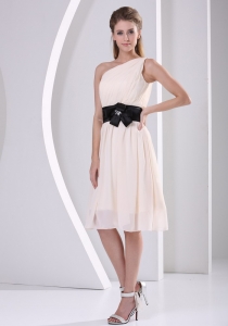 Elegant One Shoulder Champagne Chiffon Knee-length Dama Dresses for QuinceaneraHand Made Flower Belt