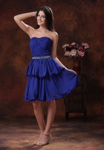 Mini-length Royal Blue Chiffon Short Dama Dresses for Quinceanera With Beaded Decorate Waist