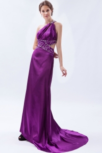 Purple Column / Sheath One Shoulder Brush Train Satin Beading Evening Celebrity Dress