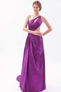 Purple Column One Shoulder Brush Train Elastic Woven Satin Ruch and Beading Evening Pageant Dress
