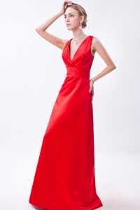 Red Column V-neck Floor-length Taffeta Ruch Prom Evening Dress