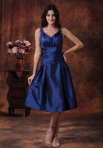 Royal Blue Dama Dresses for Quinceanera Clearances With V-neck Tea-length