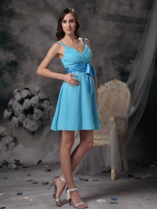 Aqua Blue Sash Dama Dresses For Quinceanera With Straps and Chiffon