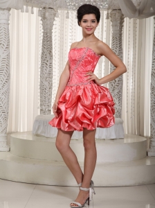 Watermelon A-line / Princess Strapless Mini-length Taffeta Beading Prom Cocktail Dresses