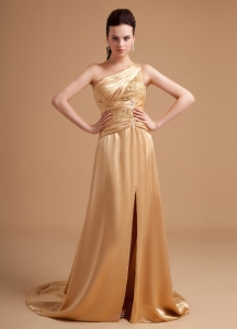 Beading Decorate Bodice One Shoulder High Slit Satin Champagne Brush Train 2019 Prom Dress