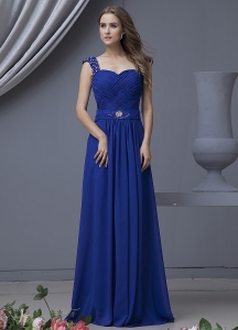 Beading Decorate Bodice Straps Blue Chiffon Floor-length 2019 Prom Dress