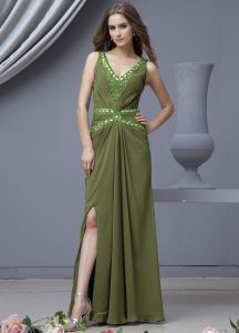 Beading Decorate Bodice V-neck High Slit Olive Green Chiffon 2019 Prom Dress Floor-length