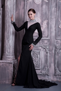 Black Column High-neck Court Train Chiffon Beading Prom Celebrity Dresses