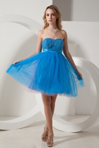 Blue A-line Sweetheart Mini-length Taffeta and Tulle Beading Dama Dresses for Quinceanera