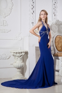 Blue Mermaid Halter Court Train Chiffon Beading Evening Celebrity Dress