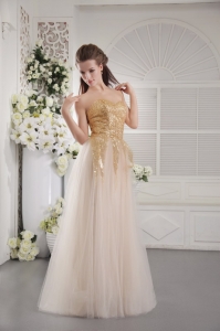 Champagne Empire Sweetheart Floor-length Tulle Fabric Sequins Prom Celebrity Dresses