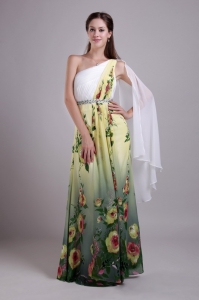 Exquisite Empire One Shoulder Floor-length Print Beading Celebrity Evening Dresses