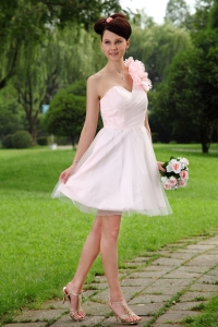 Light Pink A-line One Shoulder Mini-length Tulle Hand Made Flowers Dama Dresses for Quinceanera