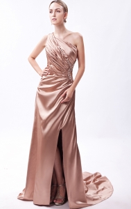 Brown Column One Shoulder Prom Dress Elastic Woven Satin Beading Court Train