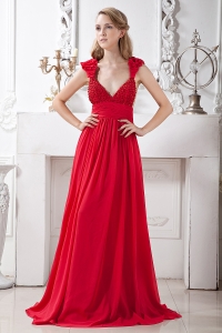 Red Empire Strap Floor-length Chiffon Beading Evening Celebrity Dress