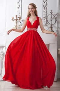 Red Empire V-neck Brush Train Chiffon Beading Prom Evening Dress