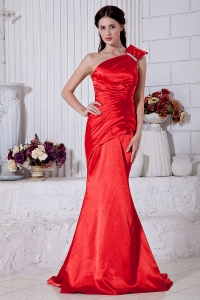 Red Mermaid One Shoulder Brush Train Satin Beading Evening Celebrity Dress