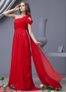 Red Prom Dress With One Shoulder Watteau Train Chiffon For Custom Made