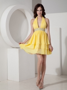 Yellow Empire Halter Mini-lemgth Chiffon Beading Homecoming Dress