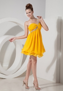 Yellow Empire One Shoulder Mini-length Chiffon Beading Prom Homecoming Dress