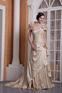 Champagne A-line Sweetheart Court Train Taffeta Hand Made Flower Celebrity Pageant Dresses