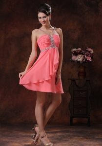 V-neck Zipper-up Watermelon Short Prom Homecoming Dress With Beaded Decorate