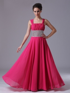Beaded Decorate Waist Hot Pink Straps Column Pageant Evening Dress Ruched Lace-up