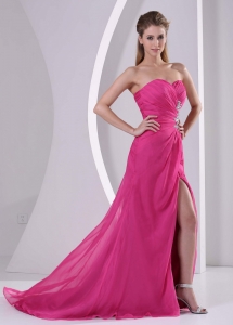 High Slit Hot Pink Sweetheart Stylish Prom Celebrity Dress Appliques and Ruch